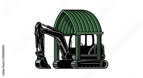 Illustration of a black excavator under a green arched roof.