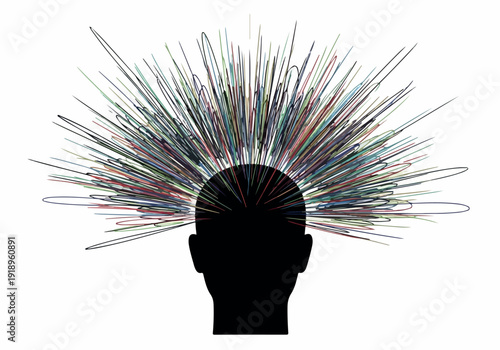 Explosion of colorful abstract lines radiating from a silhouette of a human head symbolizing creativity and ideas
