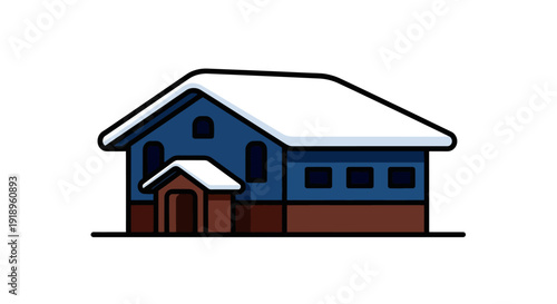 Stylized blue house with snow on the roof in winter.