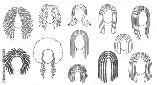 Collection of diverse hairstyles for women in black and white illustration.