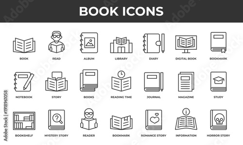 Book icon set. Contains line icons related to reading, library, diary, notebook, and more.