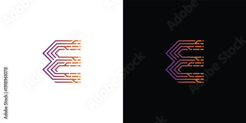 The letter 'E' logo is formed from digital circuit lines on a white or black background. It represents electronics, engineering, energy, efficiency, and the digital age.