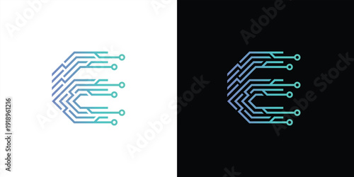 The letter 'E' logo is formed from digital circuit lines on a white or black background. It represents electronics, engineering, energy, efficiency, and the digital age.