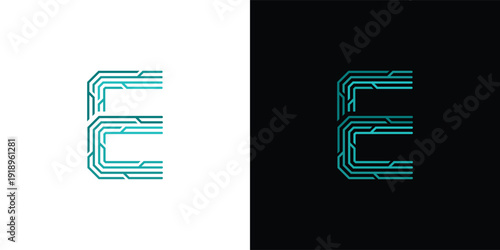 The letter 'E' logo is formed from digital circuit lines on a white or black background. It represents electronics, engineering, energy, efficiency, and the digital age.