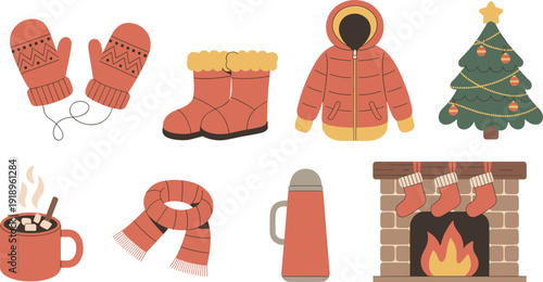 winter, christmas, cozy, mittens, boots, jacket, scarf, thermos, fireplace, stockings, tree, cocoa, holiday, snow, warm, vector, flat, illustration, icons, set