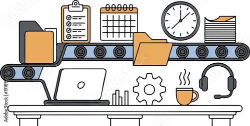 Desk organization and time management with office supplies, laptop, books, and clock on shelf.
