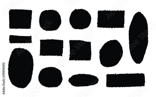 Black rough edge brush stroke shapes and ink blot set. Distressed paint textures and ragged frames for artistic graphic design. Vector Illustration.