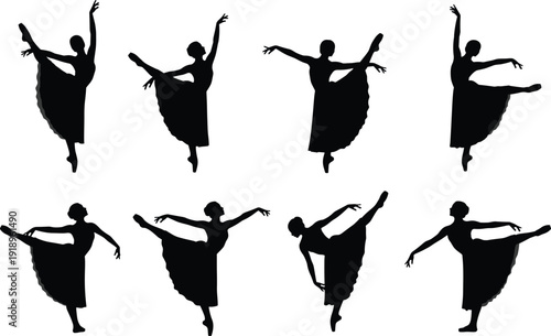 Ballet dancer silhouettes in graceful poses, standing, leaping, spinning, long skirt, dance posture study, performing arts illustration, elegant choreography design