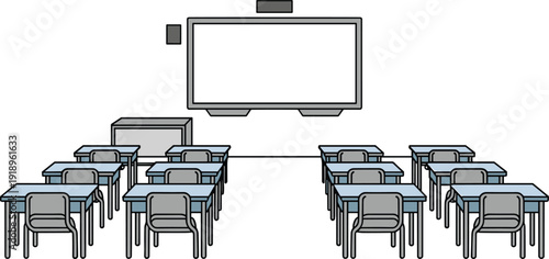 classroom, school, education, desks, chairs, students, teacher, board, screen, projector, modern, interior, learning, study, furniture, lesson, empty, vector, illustration, design