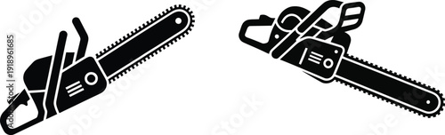 Chainsaw icon set, lumberjack power tool symbol, wood cutting equipment vector illustration