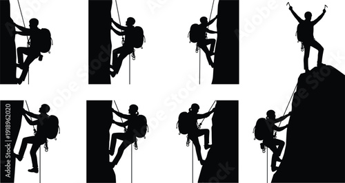 Rock climber silhouette collection showing mountaineering ascent with rope harness and backpack extreme sport adventure vector illustration set