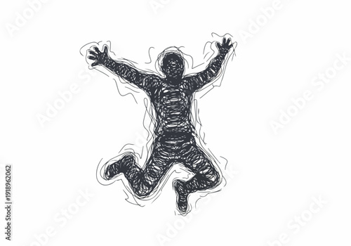 Energetic figure in a dynamic jumping pose, conveying a sense of freedom and joy through abstract sketch style
