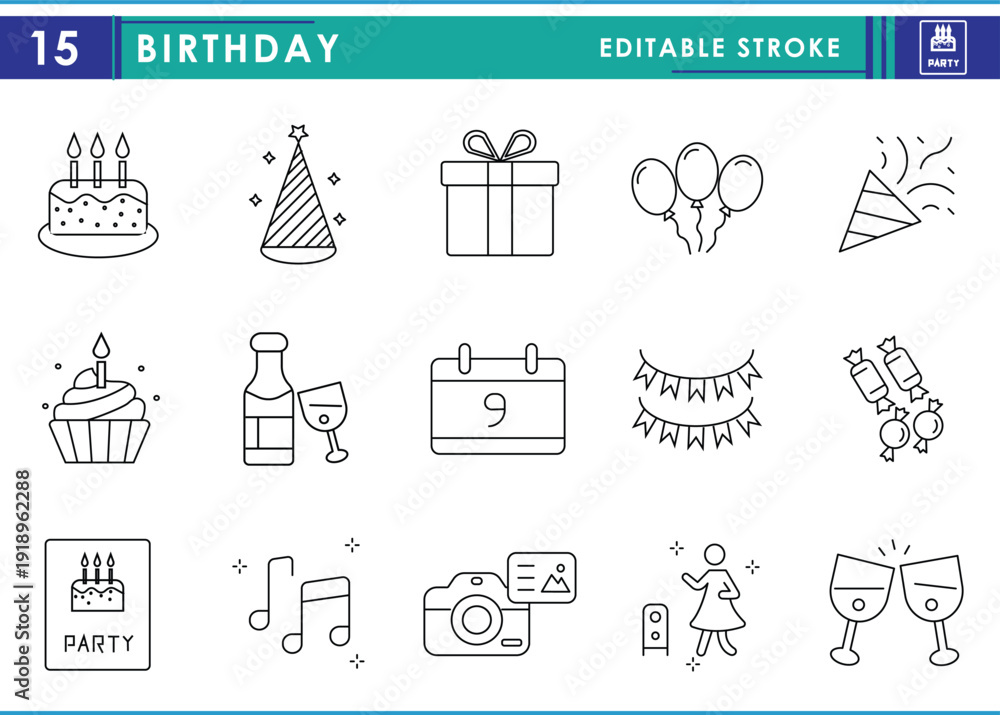 Fototapeta premium Birthday Line Icons Set