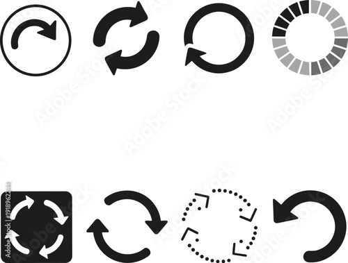 Refresh reload and sync arrow icon set with circular rotation update progress and repeat symbols vector collection
