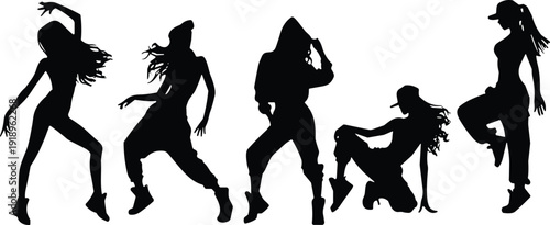 Female Hip Hop Dancer Silhouettes Set Urban Street Dance Pose Collection Black Vector Illustration Isolated on White Background