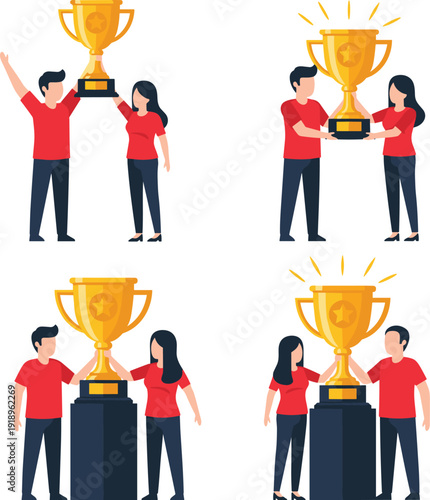 Business team celebrating success with golden trophy award achievement partnership and winner concept flat vector illustration set