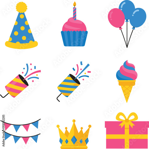 Birthday party celebration icon set with cupcake balloons gift crown confetti ice cream and festive decorations vector