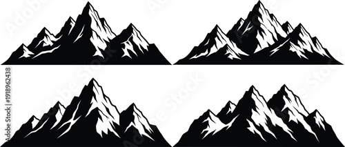 Mountain range silhouette set with snow capped peaks isolated on white background nature landscape vector illustration collection