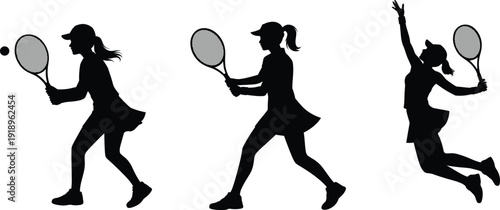 Female tennis player silhouette set, woman athlete serving and hitting ball, sports active vector illustration