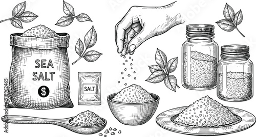 Sea salt vintage sketch illustration. Burlap sack, mason jars and wooden spoon in detailed engraving style. Rustic culinary artwork isolated on white background.
