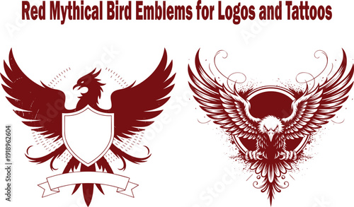 Two powerful red mythical phoenix bird emblems with shields and widespread wings for branding