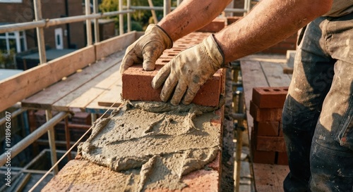Construction worker laying bricks with mortar on scaffold at building site.