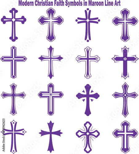 A grid of sixteen modern Christian faith symbols displayed as maroon outline crosses on a clean white background