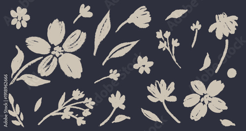 Abstract flowers and leaves drawn with an ink brush. White  plant elements isolated on a black background. Hand drawn vector flower graphics