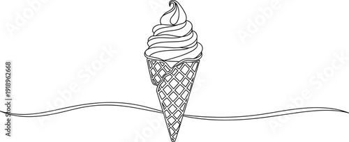 Minimalist ice cream cone line art. Continuous single stroke waffle cone with soft serve swirl. Clean black and white illustration isolated on white background.