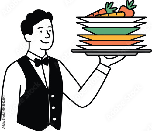 waiter, server, hospitality, restaurant, catering, service, tray, plates, food, vegetables, carrots, smile, uniform, illustration, vector, icon, flat, design, delivery, staff