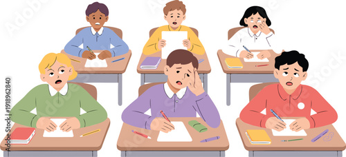 Flat Vector School Students Cheating on Exam  Classroom Scene