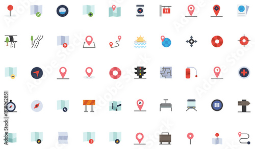 Comprehensive Set of Flat Navigation Icons with Map Routes Compass and Traffic Signs