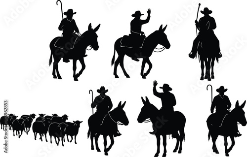 Shepherd riding donkey with flock silhouette set isolated on white background rural farming vector illustration collection