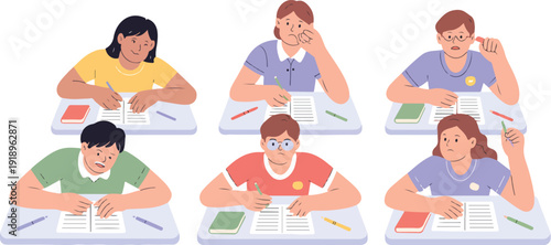 Flat Vector School Students Cheating on Exam  Classroom Scene