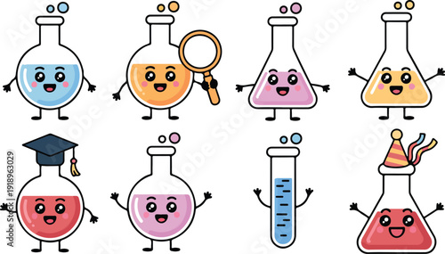 Cute Cartoon Chemistry Flasks Vector Set  Science Lab Characters with Expressions