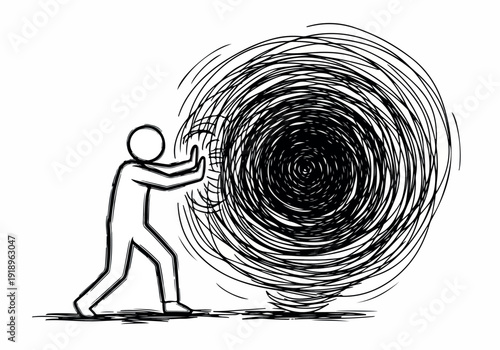 Person pushing against a swirling vortex of abstract lines, symbolizing a struggle against overwhelming forces or challenges, perhaps a mental storm or internal conflict