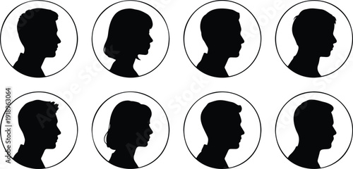 Diverse People Profile Silhouettes Vector Set  Eight Circular Icons