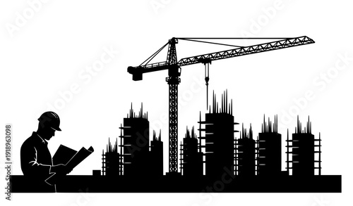 Engineering construction silhouette vector with crane structures and blueprint worker