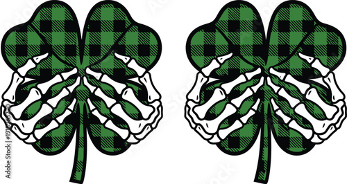 Spooky Clover Made of Skeleton Bones with Green Plaid Pattern