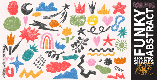 Abstract geometric shapes, playful icons drawn in crayon style. Doodle star, arche, cloud, spiral, zigzag, primitive element. Color kid geometric perfect, poster, card, print, sticker, design project.