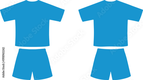 Blue and white soccer uniform set with front and back views, V-neck football jersey featuring number 1