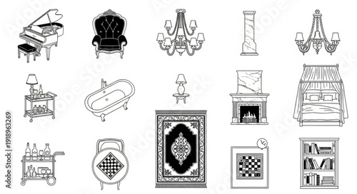 Collection of vintage furniture and decorative items sketches.
