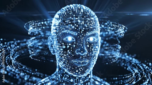 Digital Human Head with Artificial Intelligence - A digital human head is depicted with abstract particles and light rays, representing artificial intelligence.