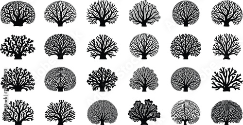 Coral reef silhouette collection isolated on white background marine underwater nature vector illustration sea coral set