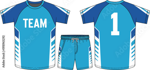 Blue and white soccer uniform set with front and back views, V-neck football jersey featuring number 1