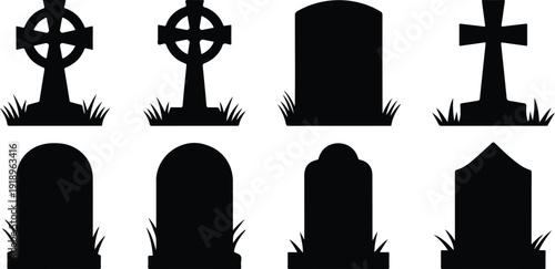 Collection of silhouette gravestones and Celtic crosses on white background, featuring tombstone and headstone vector illustrations