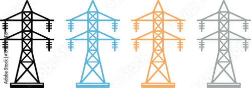Four electrical transmission towers in different colors, featuring high voltage pylons and power line structures illustration
