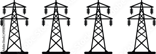 Four electrical transmission towers in different colors, featuring high voltage pylons and power line structures illustration