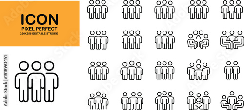 Collection of outline icons representing groups of people in different formations, illustrating team, crowd, and community concepts