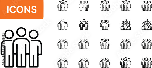 Collection of outline icons representing groups of people in different formations, illustrating team, crowd, and community concepts